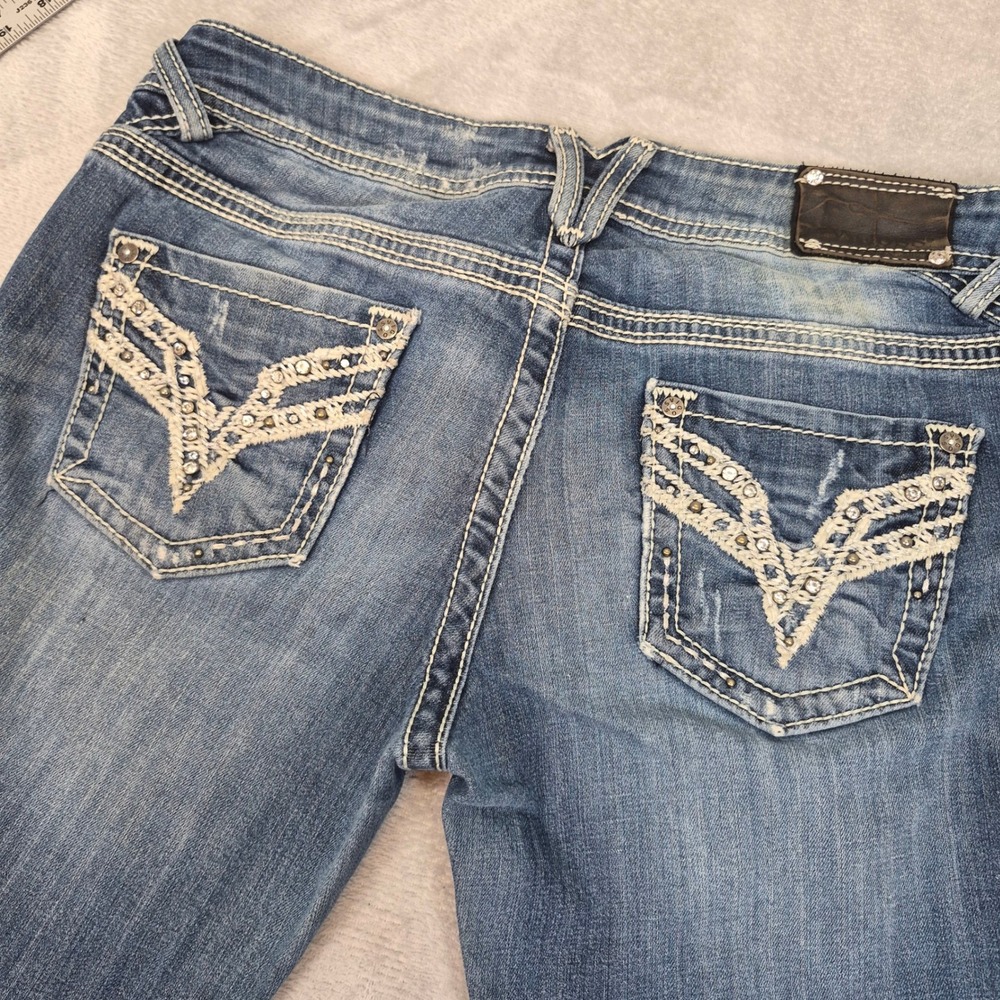 Vigoss The Chelsea Bootcut 11 (34) Jeans Medium Wash Distressed Rhinestone Women